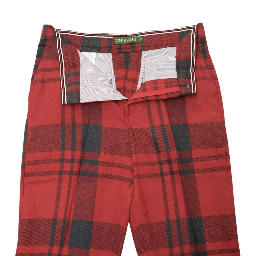 Mens 32 Red Gray Plaid Cotton Pants Straight Fit Flat Front Dress Trousers NWT